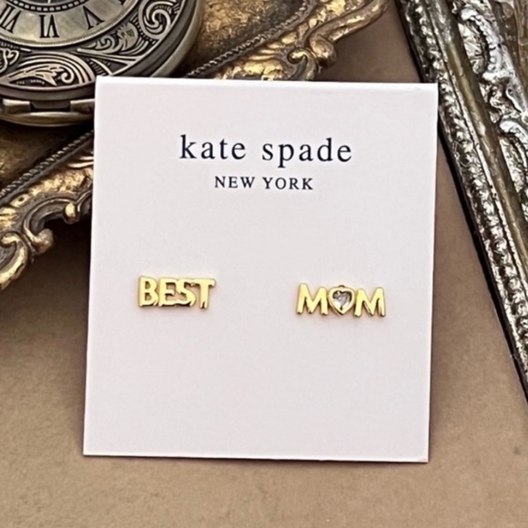 KATE SPADE • Love You Mom Best Mom Mothers Day Gold Earrings - Picture 6 of 6